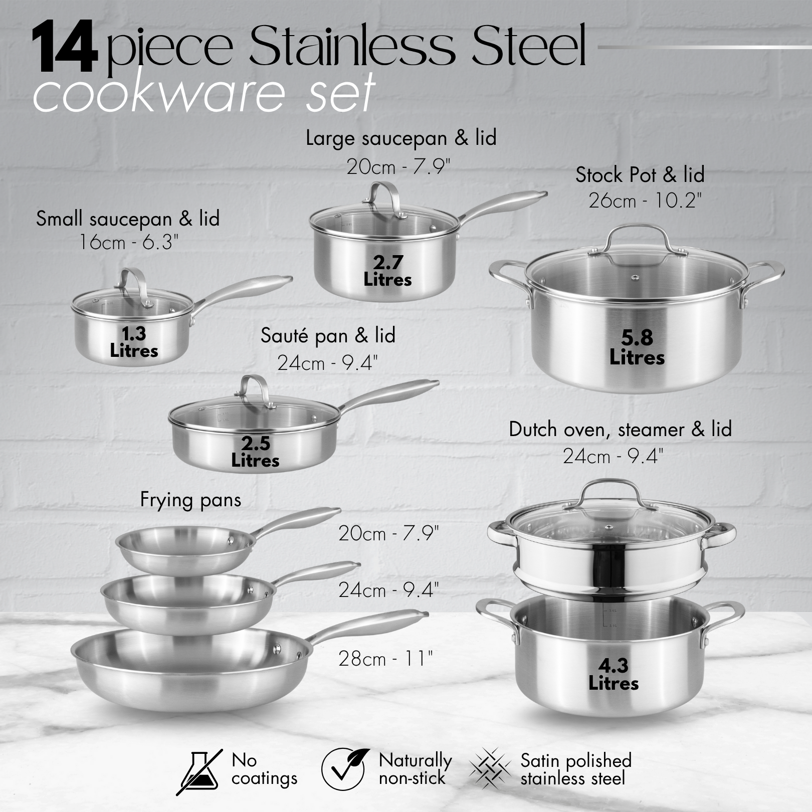 14Pcs Stainless Steel Cookware Set with Glass Lids – Induction Compatible – By Nuovva