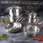 14Pcs Stainless Steel Cookware Set with Glass Lids – Induction Compatible – By Nuovva