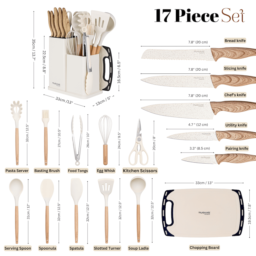 17pcs Cream Kitchen Utensil & Knife Set with Block & Chopping Board, By Nuovva