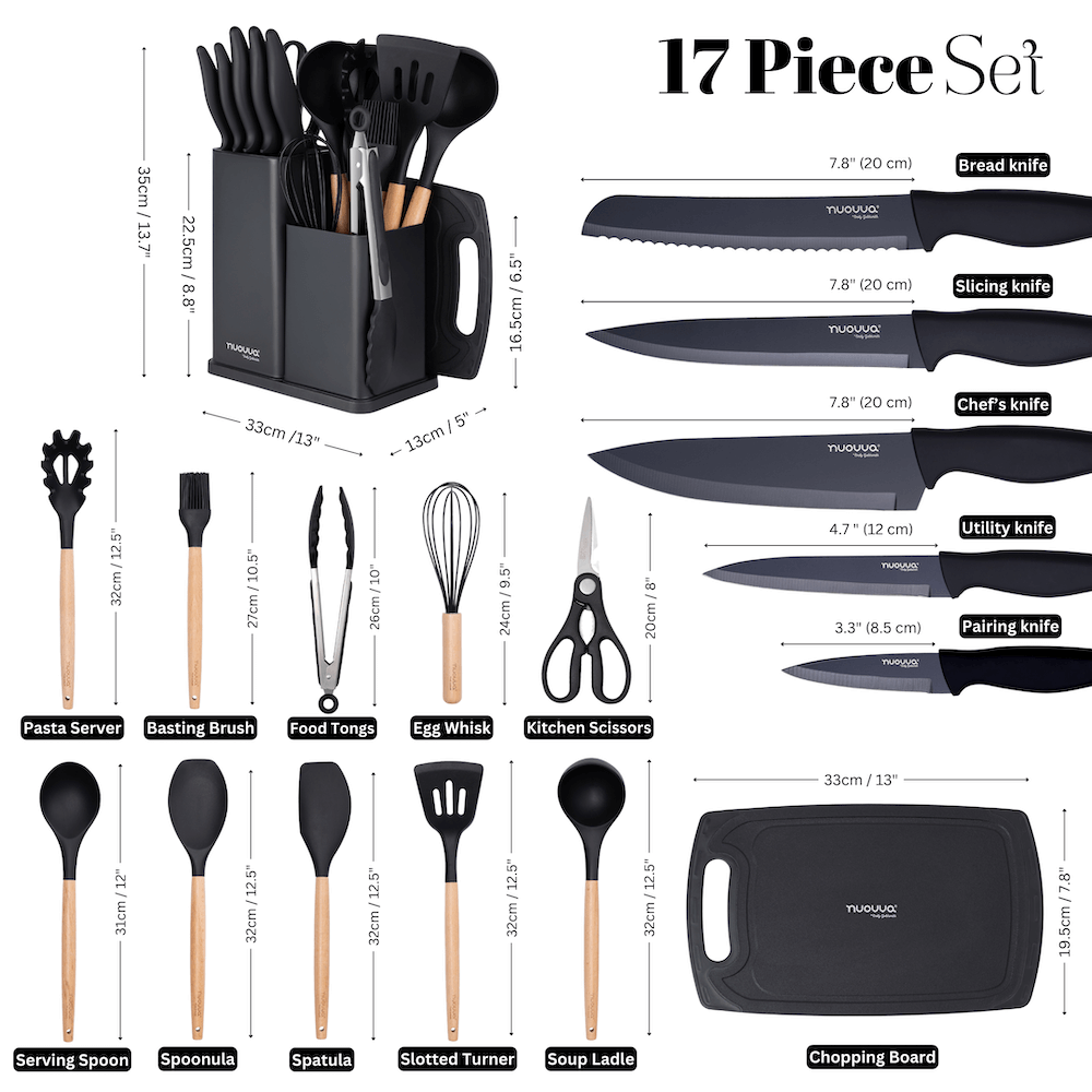 17pcs Black Kitchen Utensil & Knife Set with Block & Chopping Board, By Nuovva