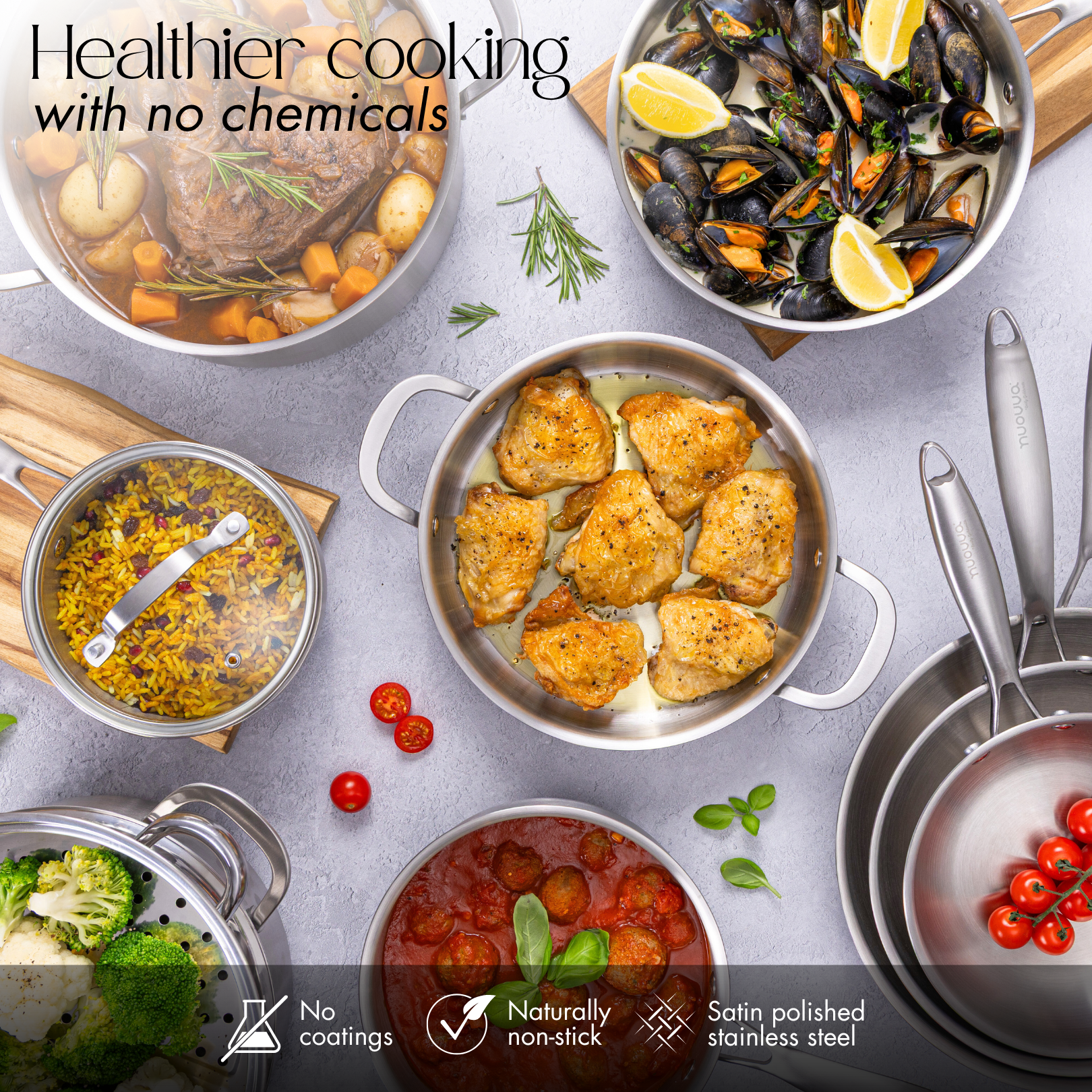 17pcs Stainless Steel Pots and Pans Cookware Set, by Nuovva