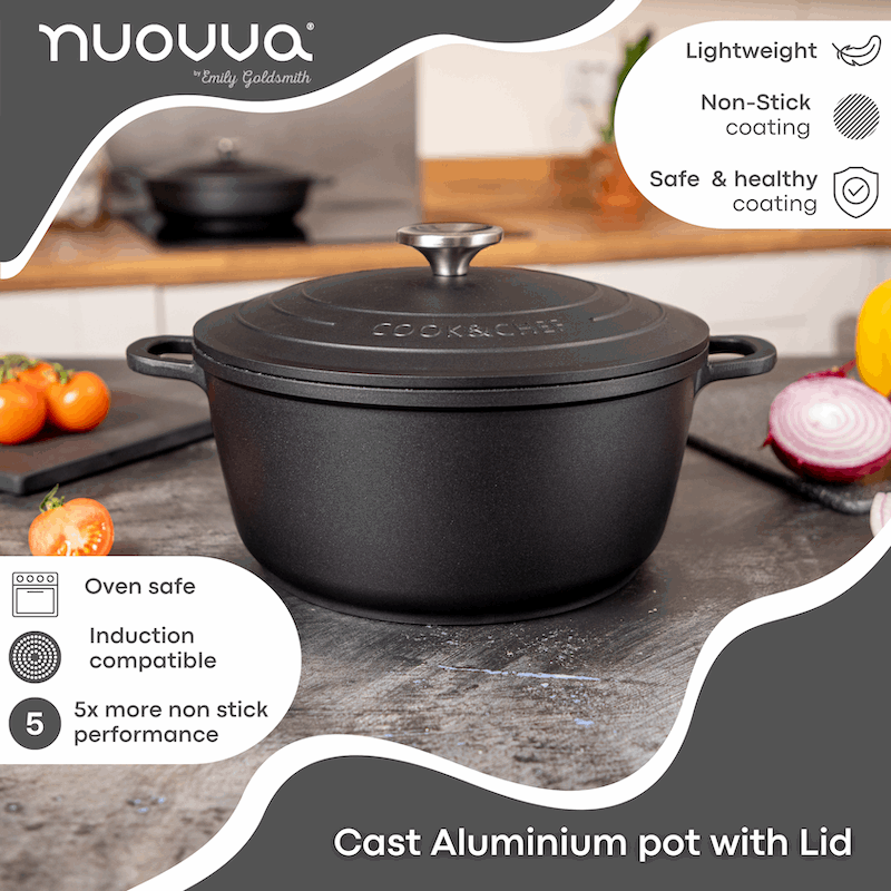 Black Aluminium Casserole Pot with Lid - 4L - 24cm, by Nuovva