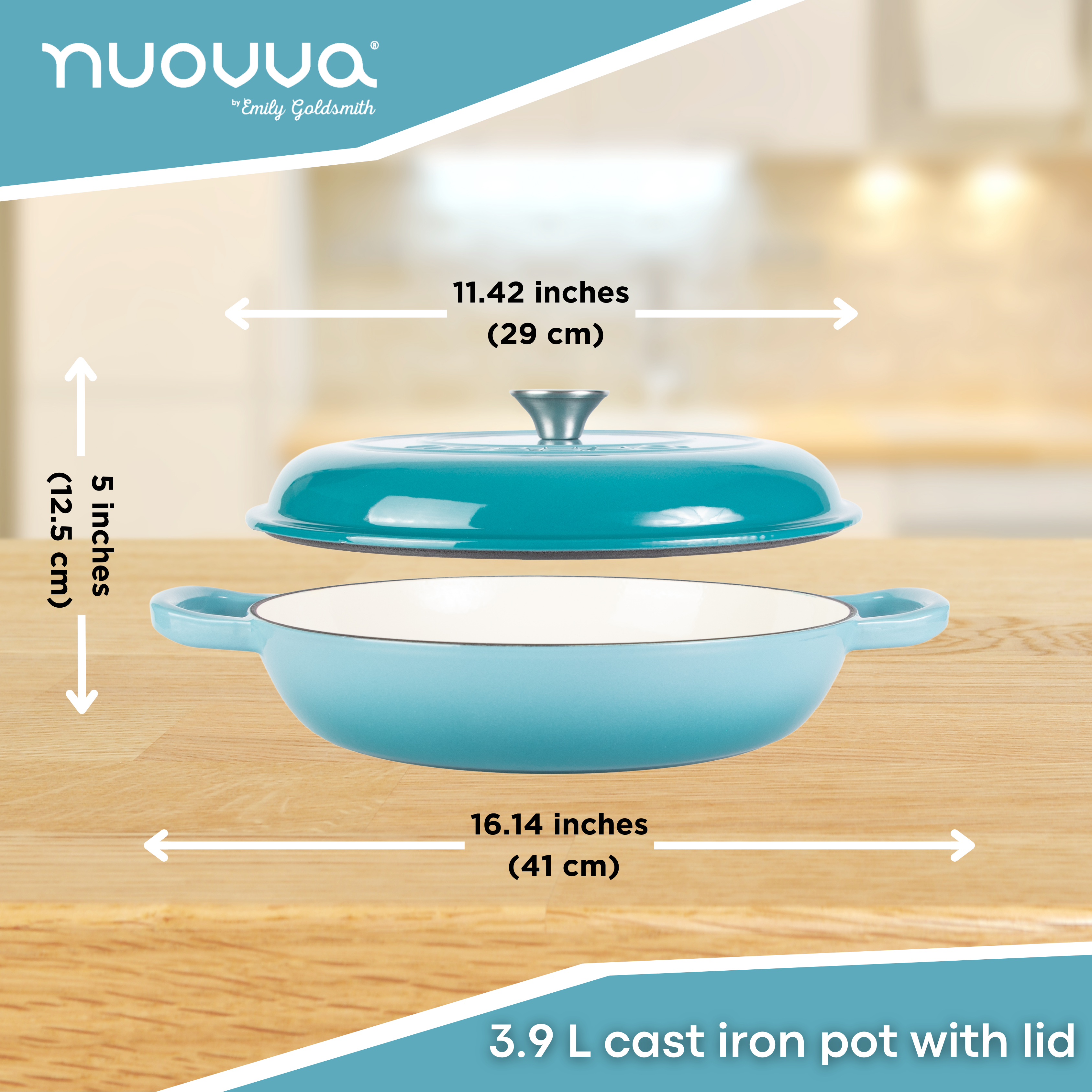 Shallow Cast Iron Dutch Oven Casserole Pot - 3.9L - 30cm (Multiple Colours) by Nuovva