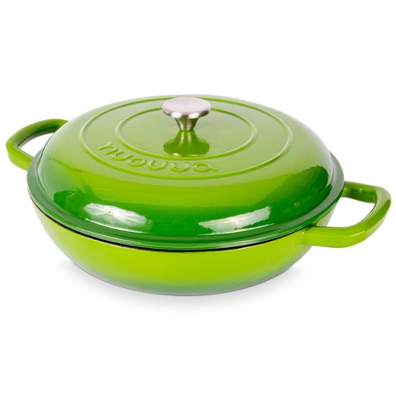 Green Shallow Cast Iron Casserole Dish with Lid - 32cm - 3.5L, by Nuovva