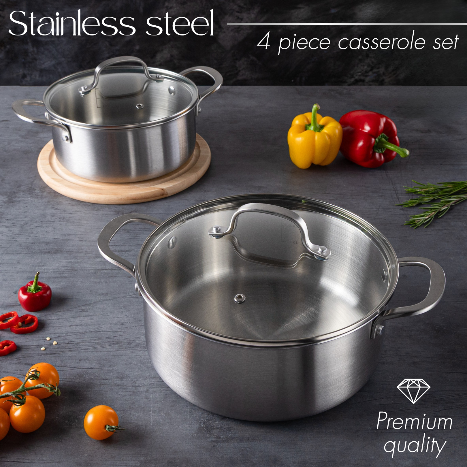 4Pcs Stainless Steel Casserole Set – Induction Pots with Lids (20cm - 2.7L & 24cm - 4.3L ), By Nuovva