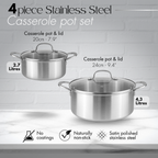 4Pcs Stainless Steel Casserole Set – Induction Pots with Lids (20cm - 2.7L & 24cm - 4.3L ), By Nuovva
