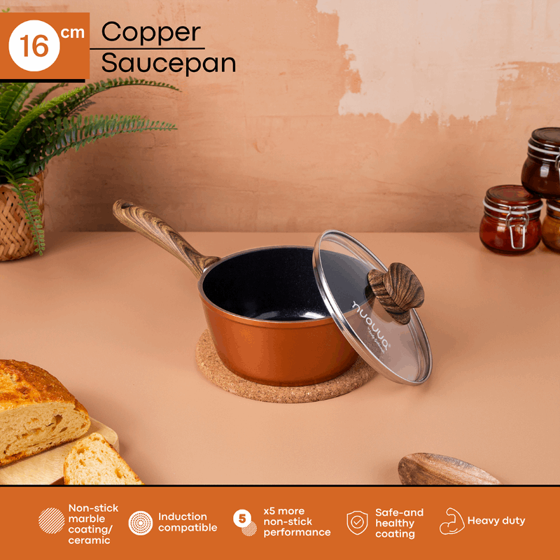 Copper Non-Stick Saucepan with Lid -16cm, by Nuovva