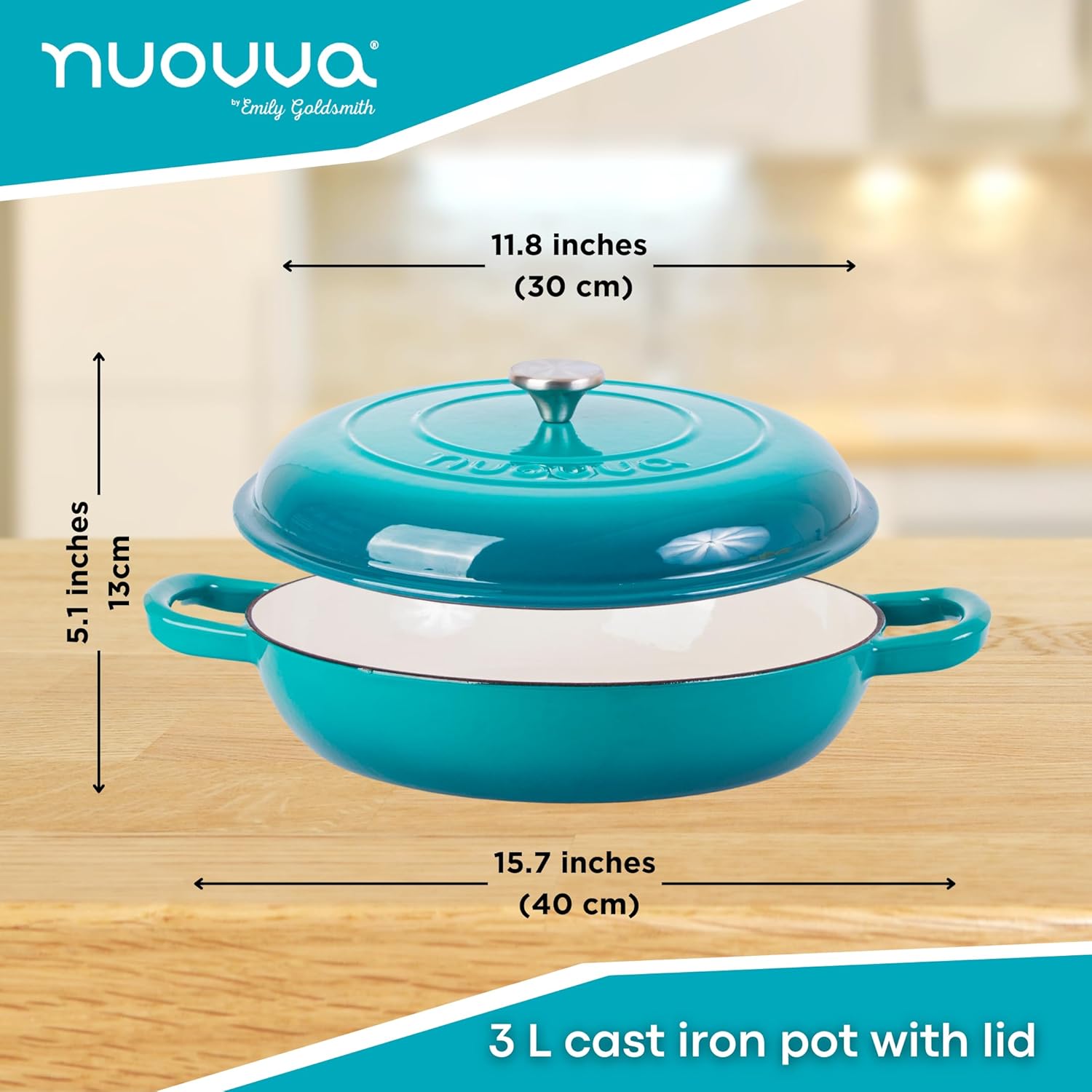 Teal Shallow Cast Iron Dutch Oven Casserole Pot - 3.9L - 30cm by Nuovva