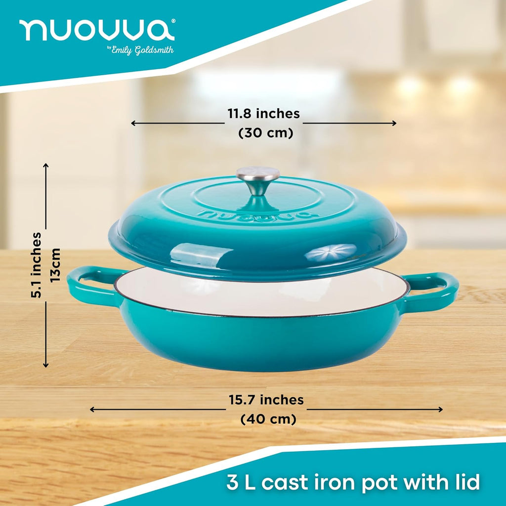 Shallow Cast Iron Dutch Oven Casserole Pot - 3.9L - 30cm (Multiple Colours) by Nuovva