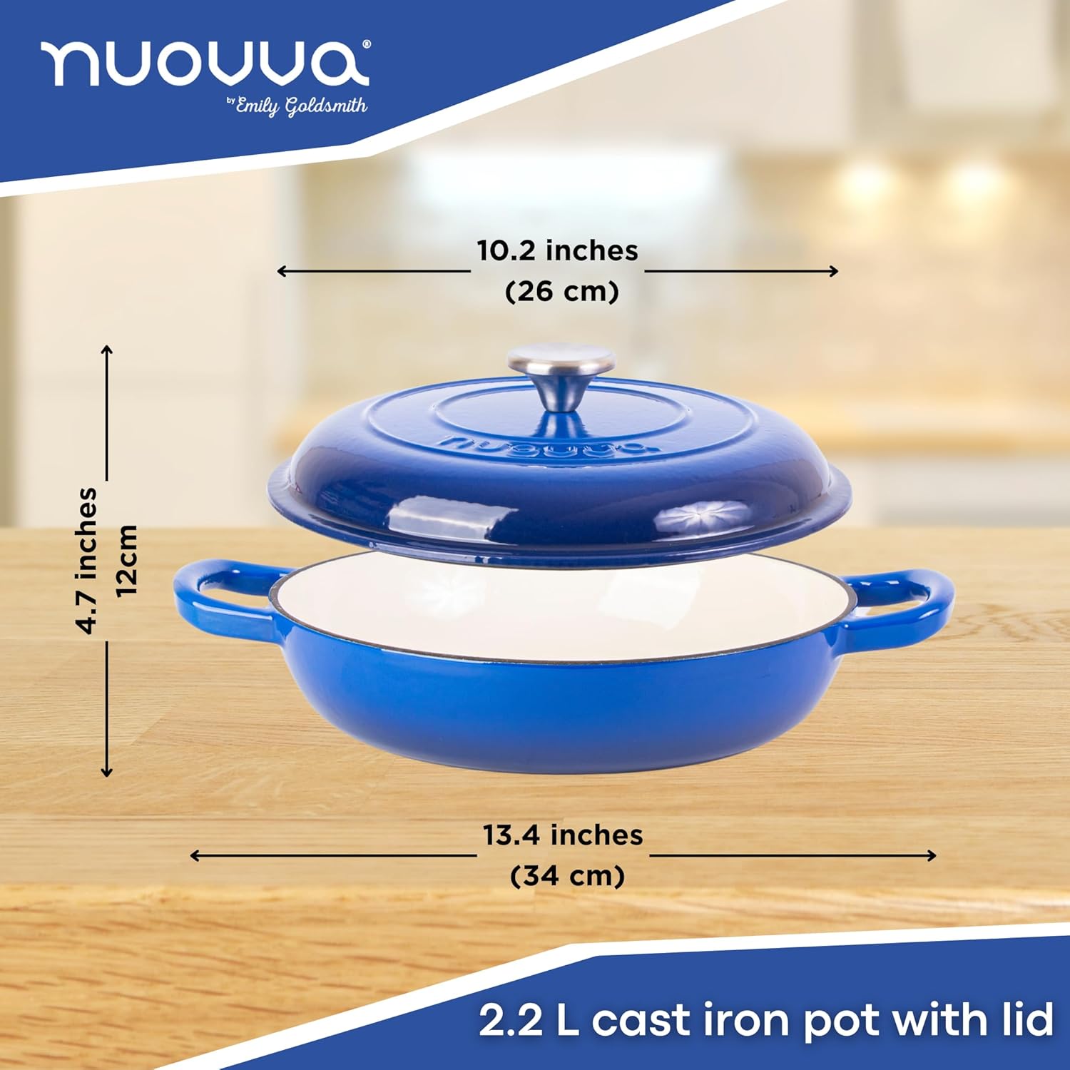 Dark Blue Shallow Cast Iron Dutch Oven Casserole Pot - 2.2L - 26cm, by Nuovva
