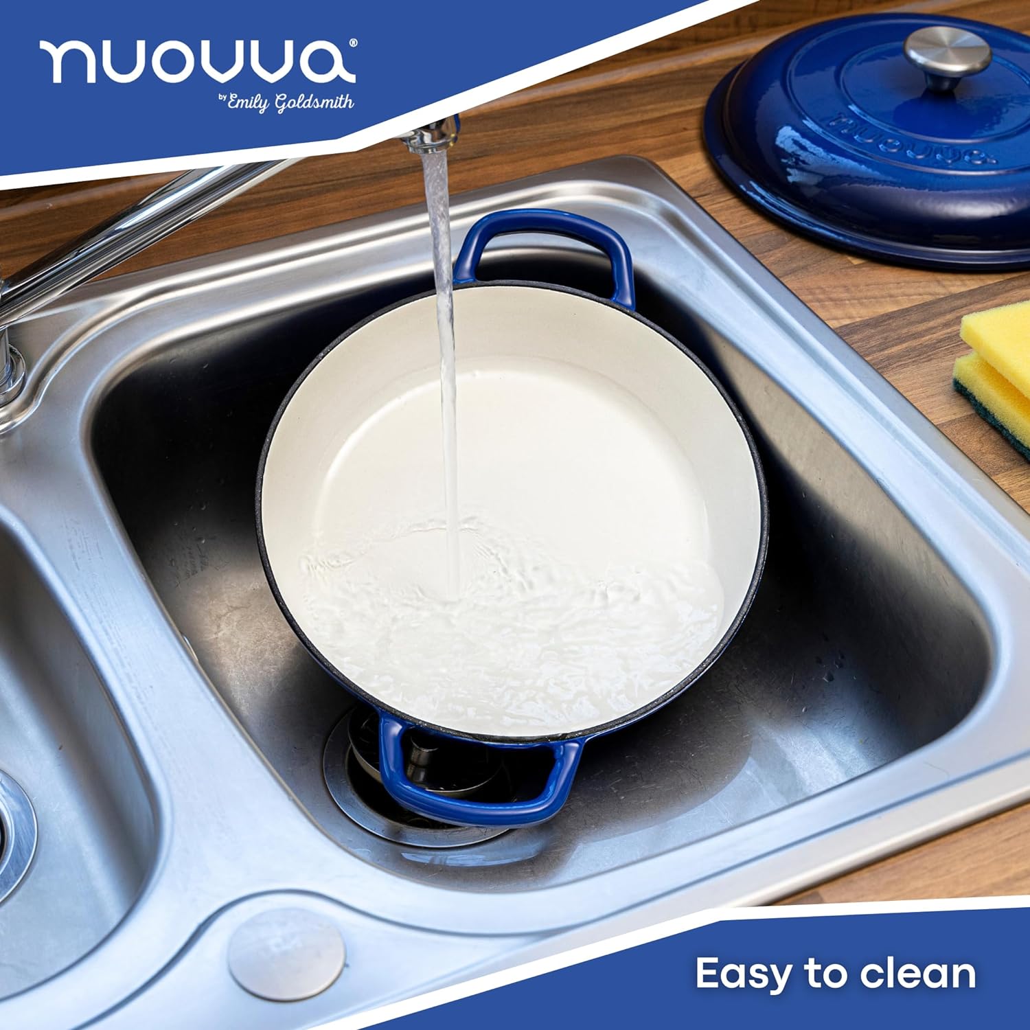 Dark Blue Shallow Cast Iron Dutch Oven Casserole Pot - 2.2L - 26cm, by Nuovva