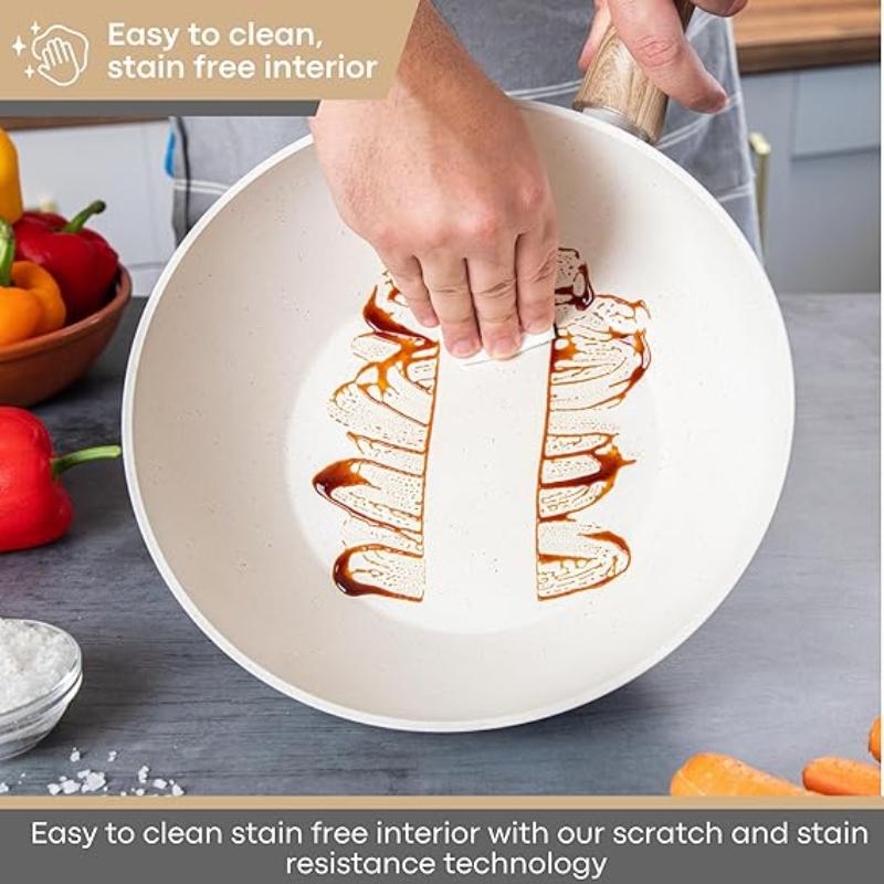 Cream Induction Non-Stick Wok Pan – Deep Stir Fry Pan With Lid - 28cm