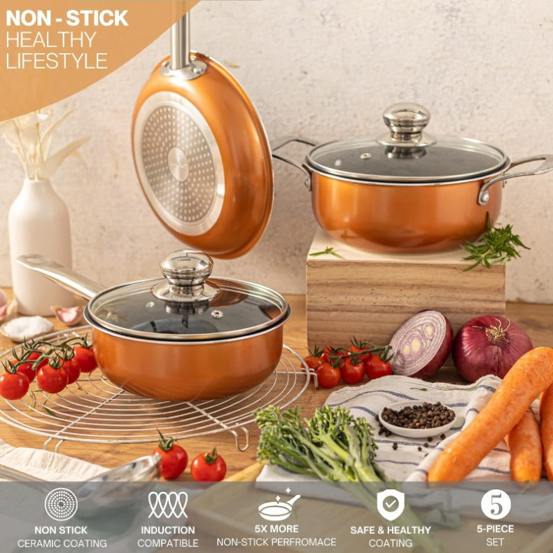 Copper Kitchen Cookware Set of 35, 15, 8, 5pcs with Lids (Multiple Set Sizes)