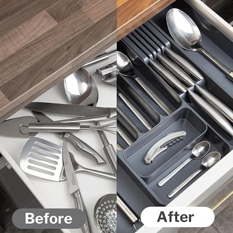 Dark Grey Expandable Cutlery Drawer Organiser Divider, by Nuovva