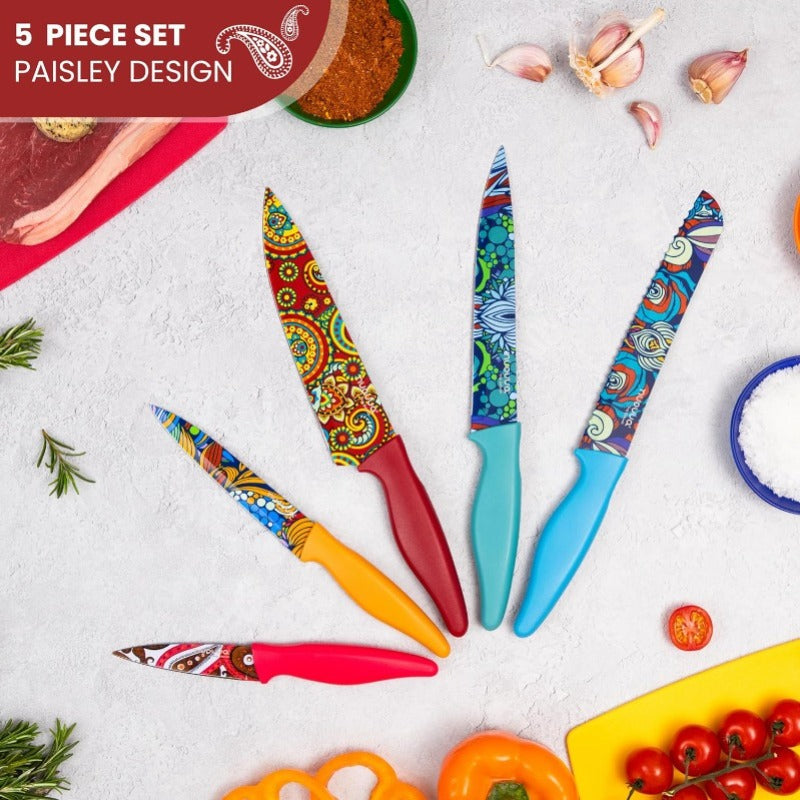 Paisley Pattern Granite Non-Stick Kitchen Knife Set 5pcs, by Nuovva