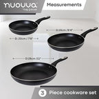 Black Frying Pan Set for Induction, Gas & Electric Hob (3 Piece) by Nuovva