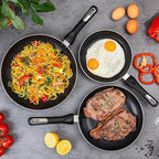 Black Frying Pan Set for Induction, Gas & Electric Hob (3 Piece) by Nuovva