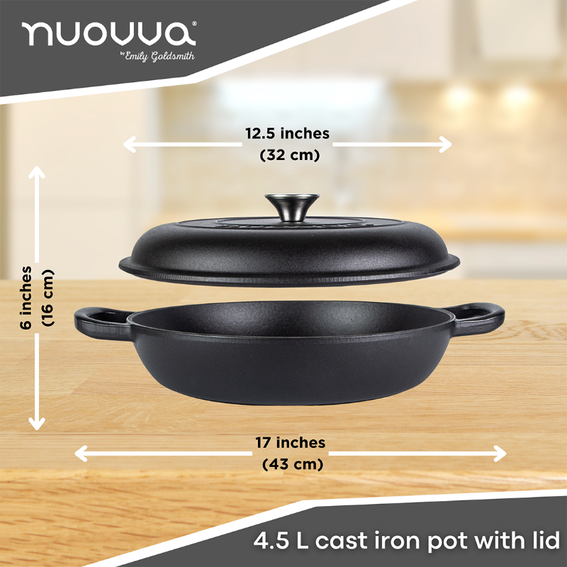 Shallow Cast Iron Casserole Dish with Lid - 32cm - 3.5L (Multiple Colours), by Nuovva