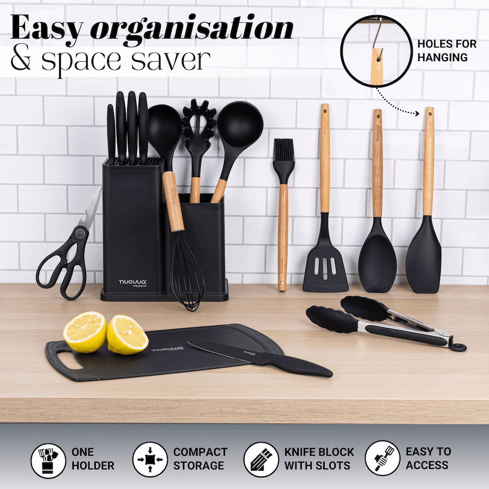 17pcs Black Kitchen Utensil & Knife Set with Block & Chopping Board, By Nuovva