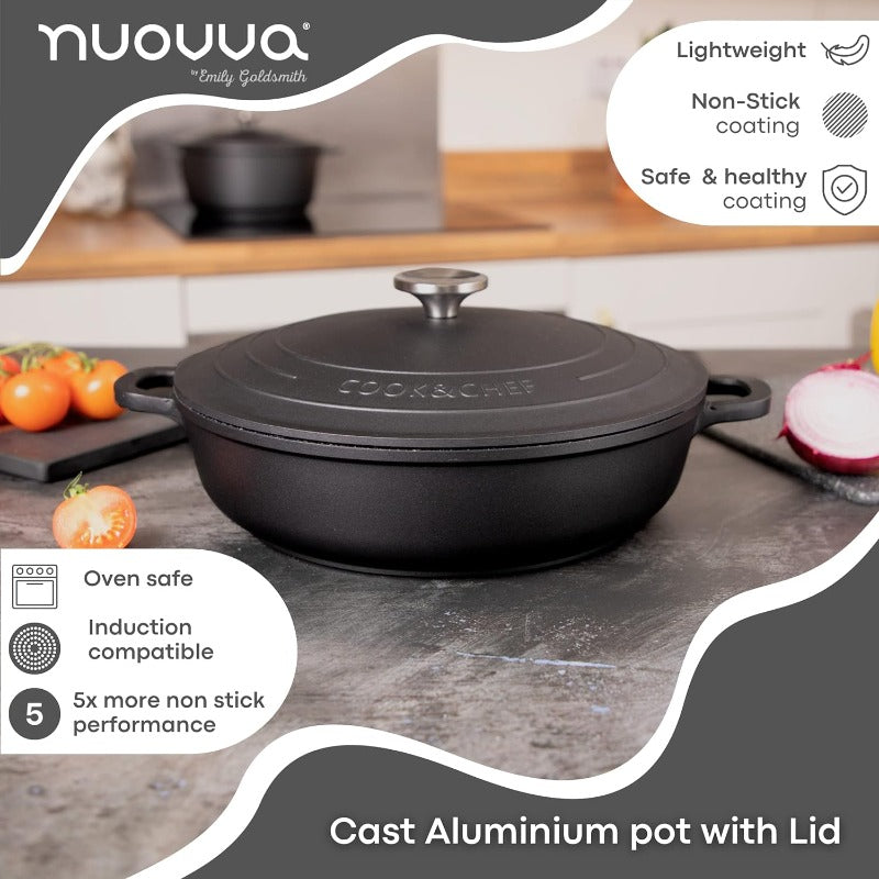 Black Aluminium Shallow Casserole Pan with Lid - 28cm - 3.9L, by Nuovva