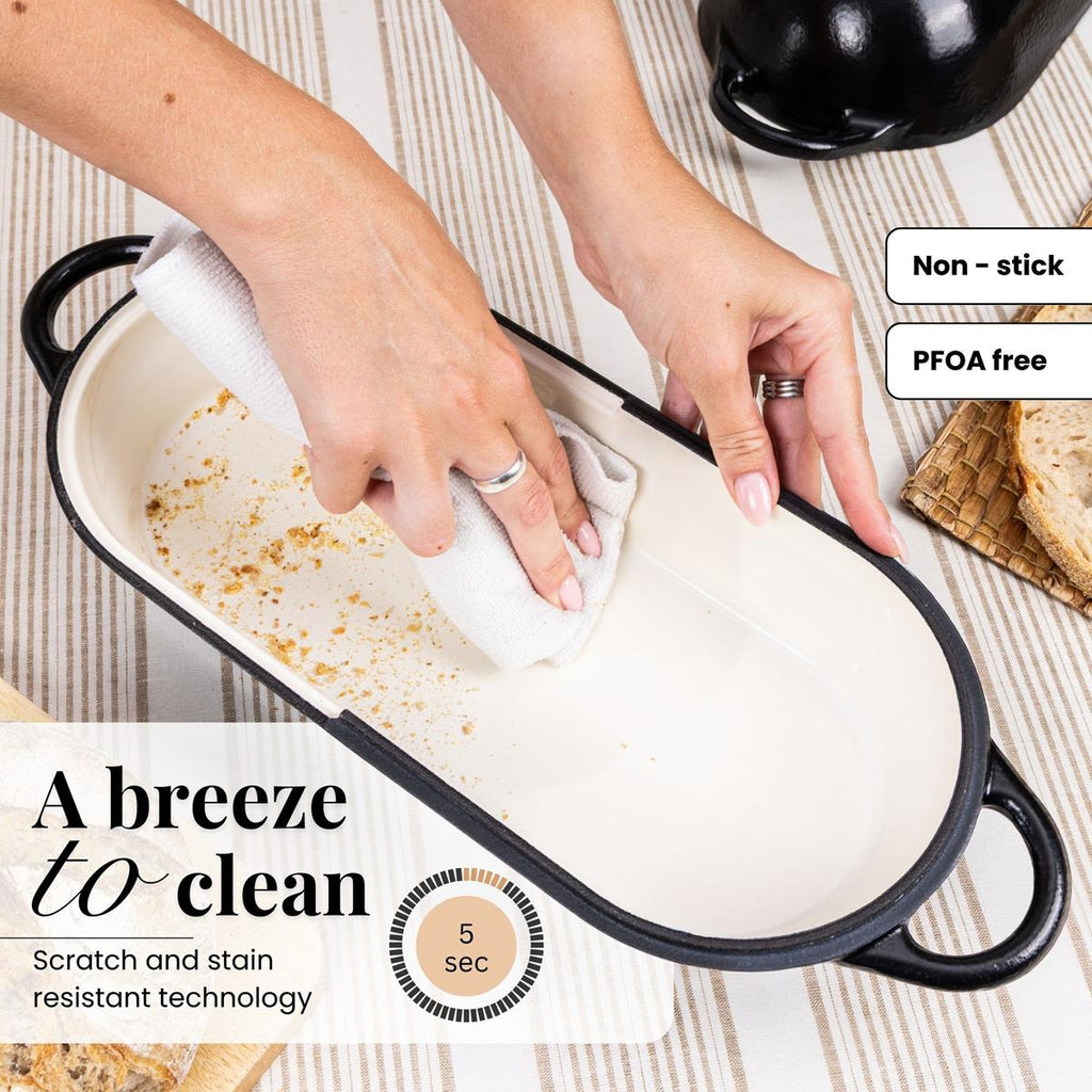 Black Enamelled Cast Iron Bread Loaf Pot, Non-Stick Dutch Oven - 32x14cm, by Nuovva