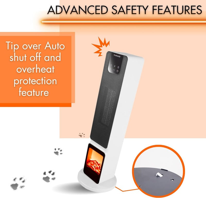 Ceramic Electric Tower Fan Heater with Fireplace Display