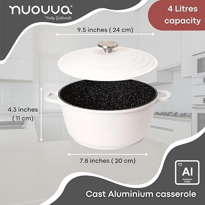 Cream Aluminium Casserole Pot with Lid - 4L - 24cm, by Nuovva