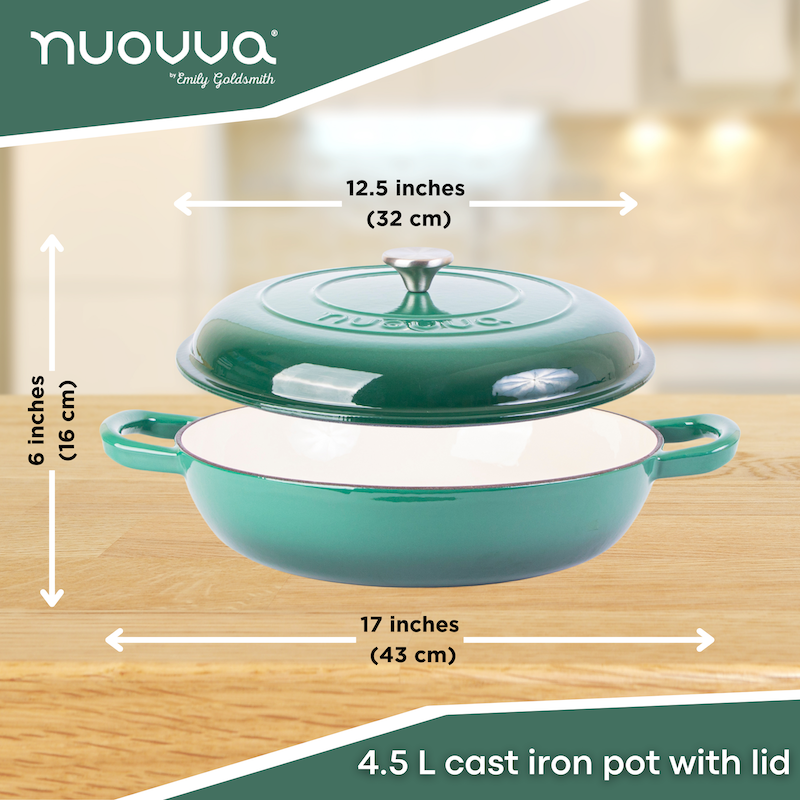 Shallow Cast Iron Casserole Dish with Lid - 32cm - 3.5L (Multiple Colours), by Nuovva