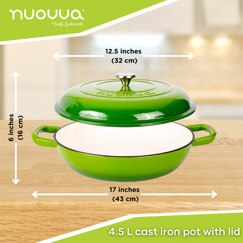 Green Shallow Cast Iron Casserole Dish with Lid - 32cm - 3.5L, by Nuovva