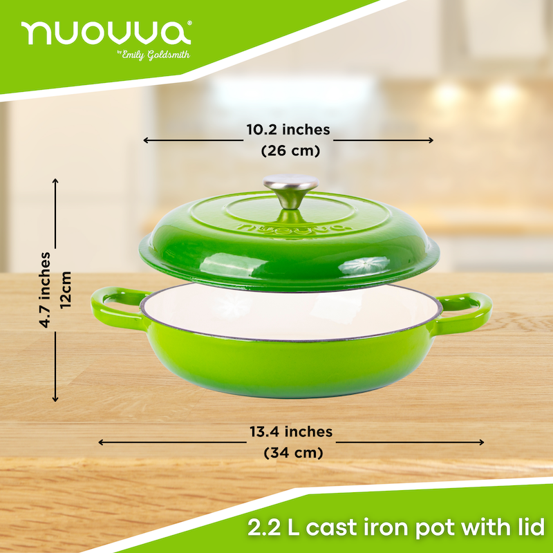 Shallow Cast Iron Dutch Oven Casserole Pot - 2.2L - 26cm, (Multiple Colours) by Nuovva