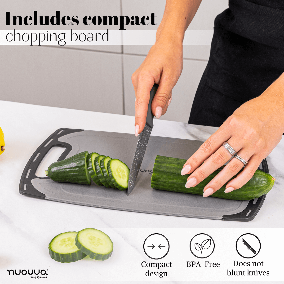 17pcs Grey Kitchen Utensil & Knife Set with Block & Chopping Board, By Nuovva