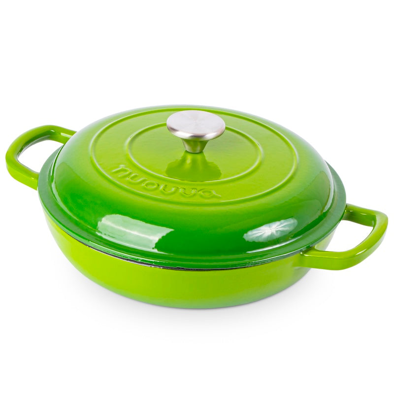 Light Green Shallow Cast Iron Dutch Oven Casserole Pot - 2.2L - 26cm, by Nuovva