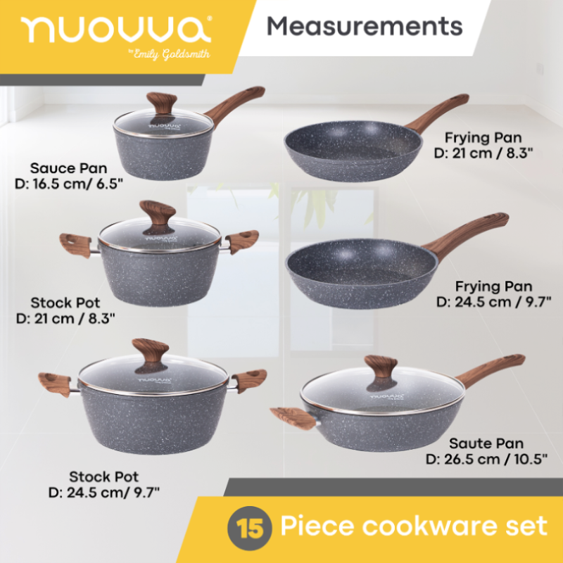 Kitchen Cookware Set of 5, 8, 15 & 35pcs with Lids - Multiple Colours