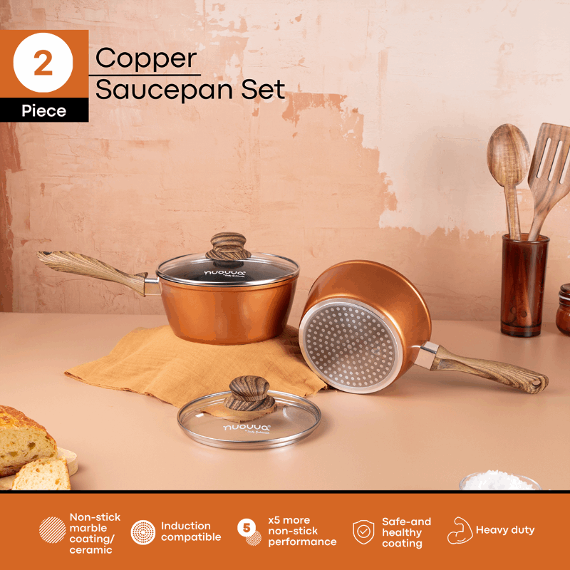 Non-Stick Saucepan with Lid - 2 Pieces, 16cm, 18cm (Multiple Colours) by Nuovva