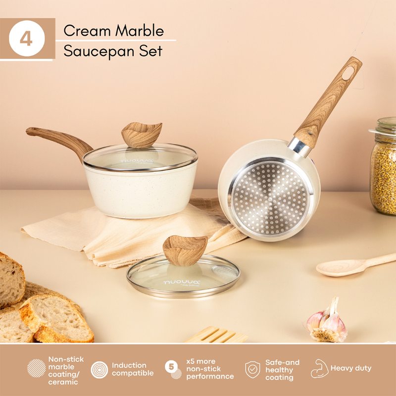 Cream Granite Non-Stick Saucepan Set with Lids (2 pieces / 3 pieces) by Nuovva
