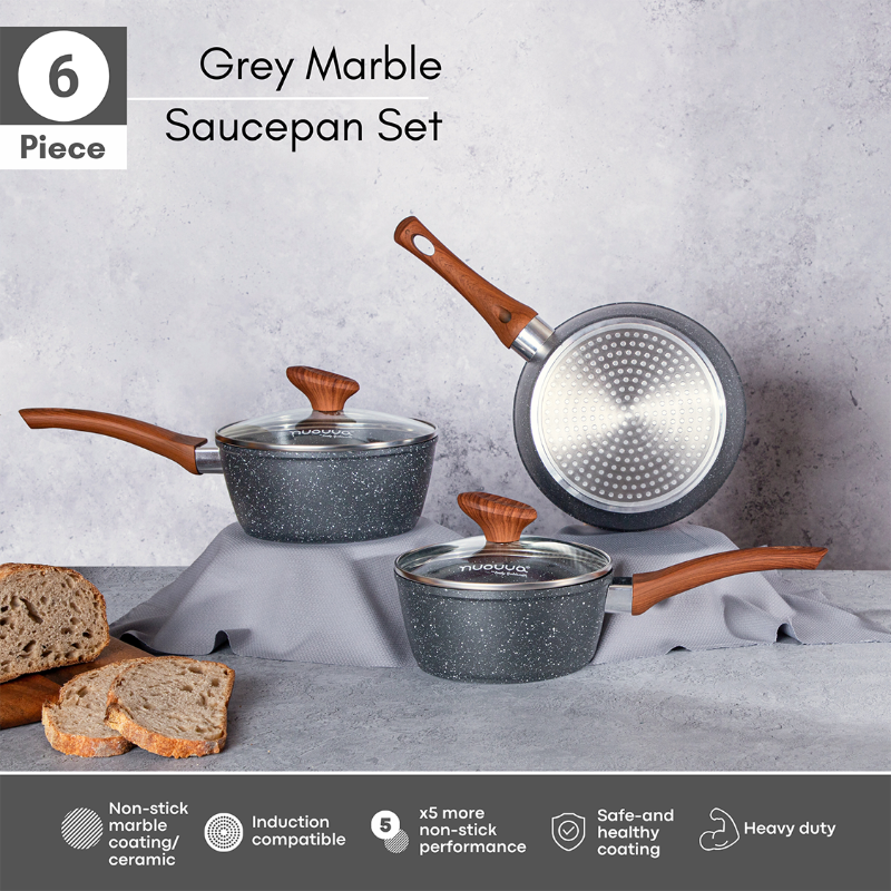 Marble Granite Non-Stick Saucepan with Lid - 3 Pieces (16cm, 18cm, 20cm) by Nuovva