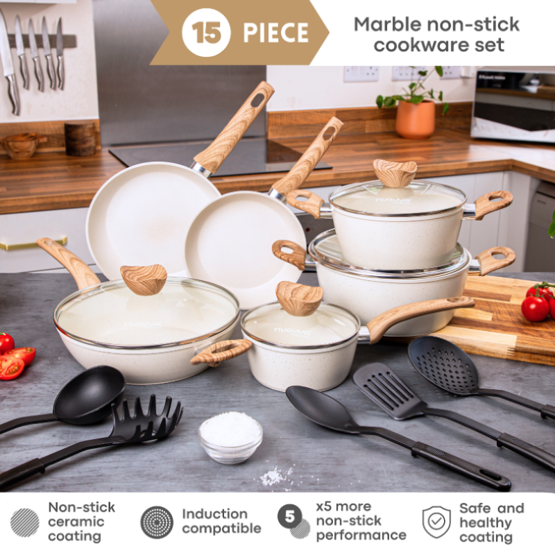 Kitchen Cookware Set of 5, 8, 15 & 35pcs with Lids - Multiple Colours