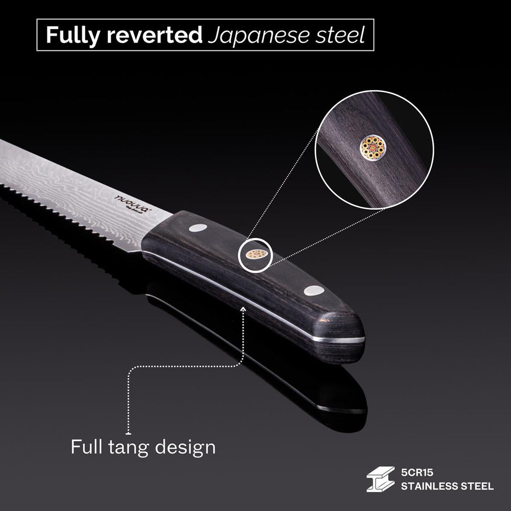 Japanese Steel 67-Layer Damascus Style Serrated Bread Knife with Pakkawood Handle, by Nuovva