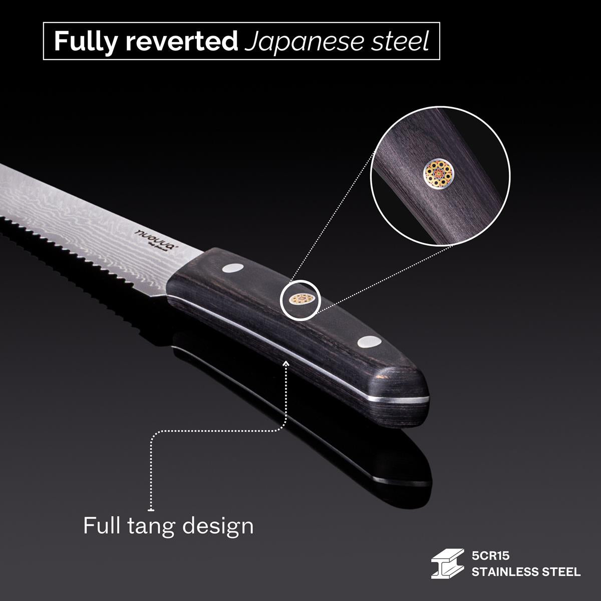 Japanese Steel 67-Layer Damascus Style Serrated Bread Knife with Pakkawood Handle, by Nuovva