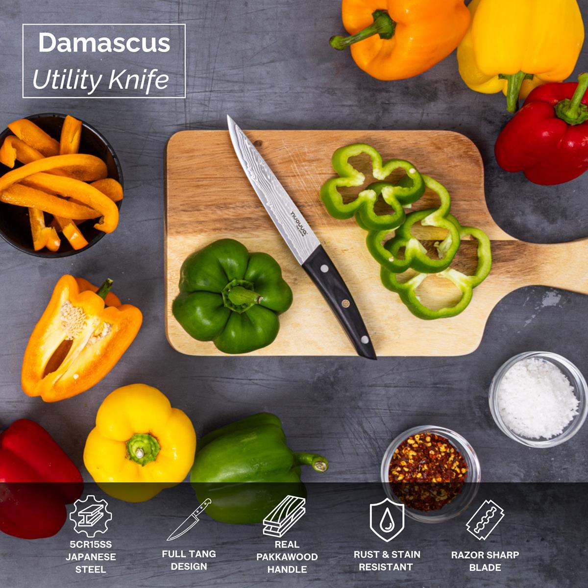 Japanese Steel Damascus Style Kitchen Knives with Pakkawood Handles - Multiple Variants, by Nuovva