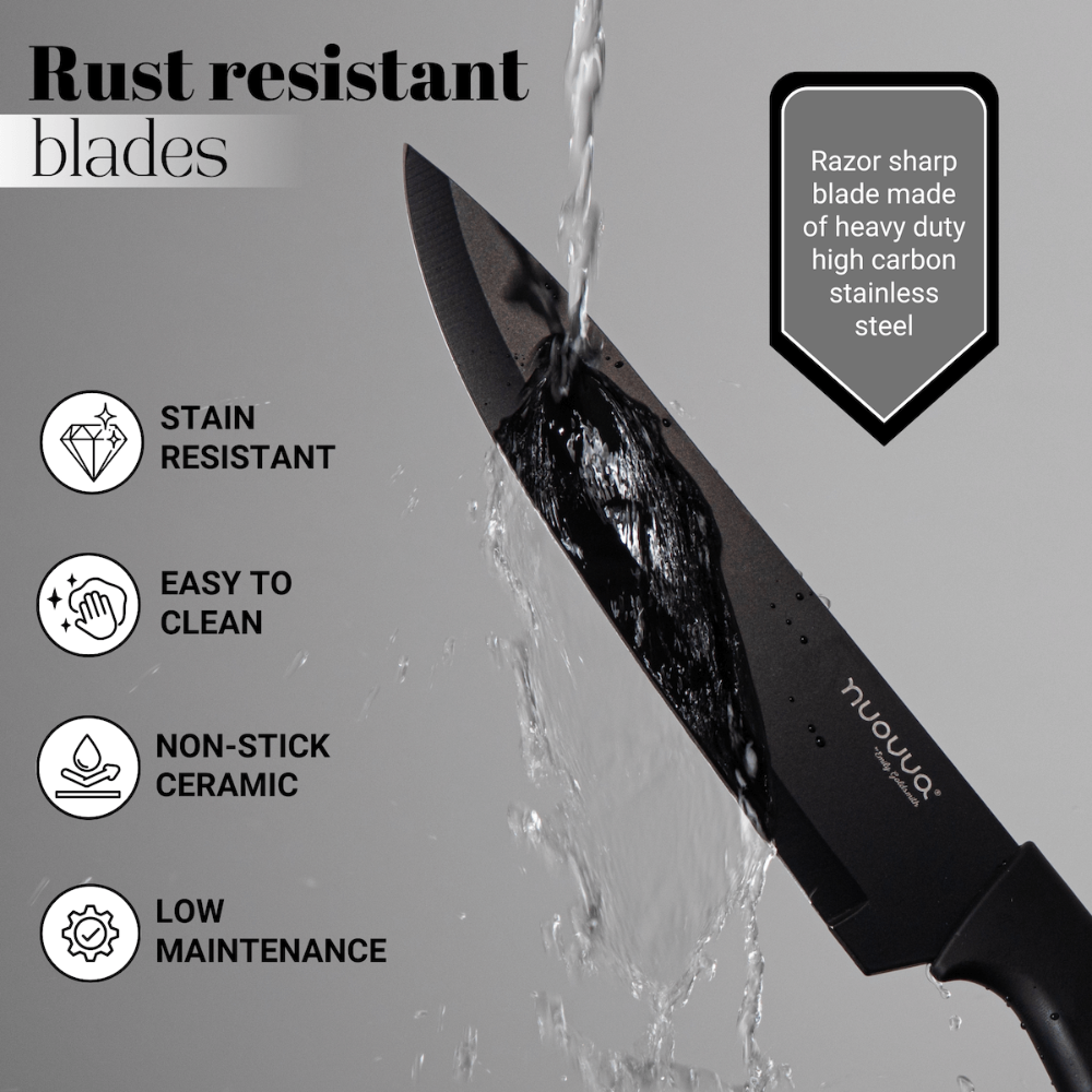 17pcs Black Kitchen Utensil & Knife Set with Block & Chopping Board, By Nuovva