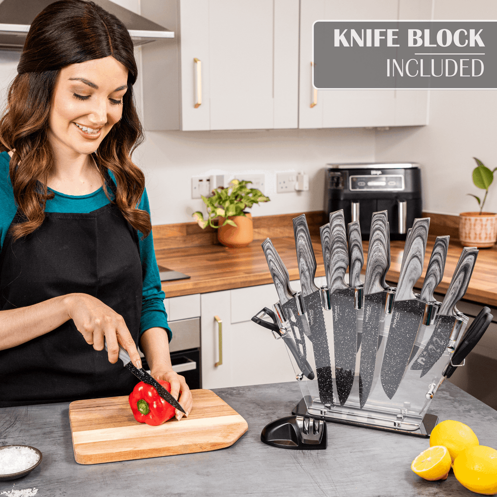 Professional Black Granite Kitchen Knife Set with Acrylic Block - 17 Pieces, by Nuovva