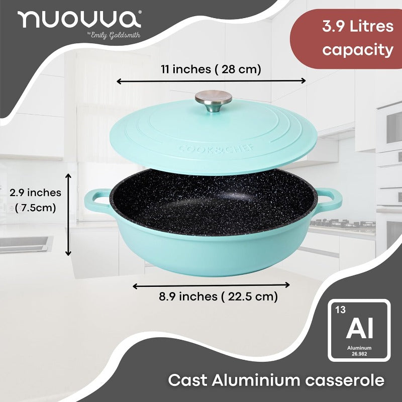 Teal Aluminium Shallow Casserole Pan with Lid - 28cm - 3.9L, by Nuovva