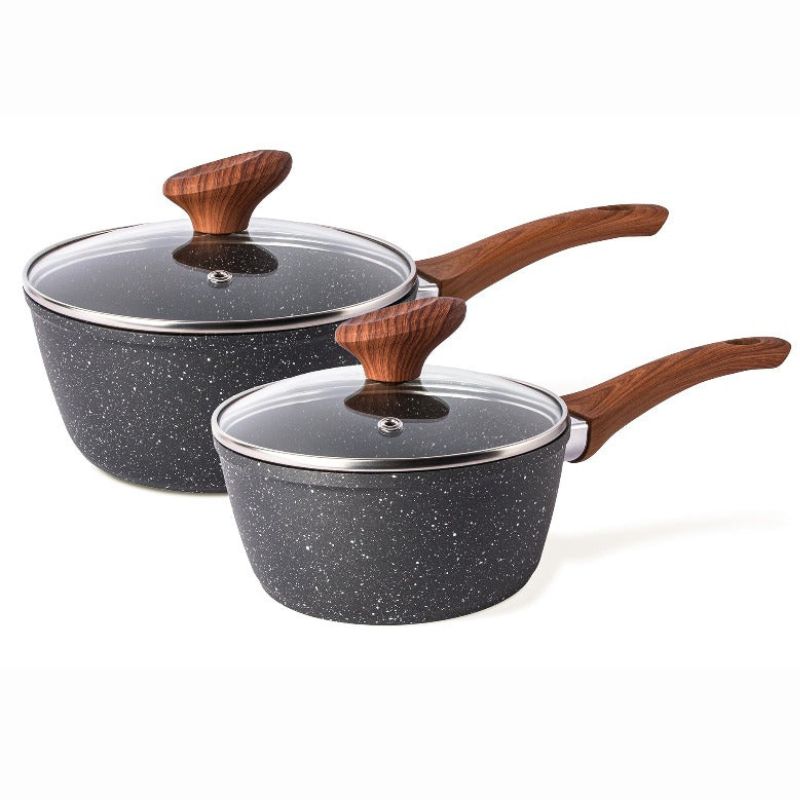 Marble Granite Non-Stick Saucepan with Lid - 2 Pieces (16cm, 18cm) by Nuovva