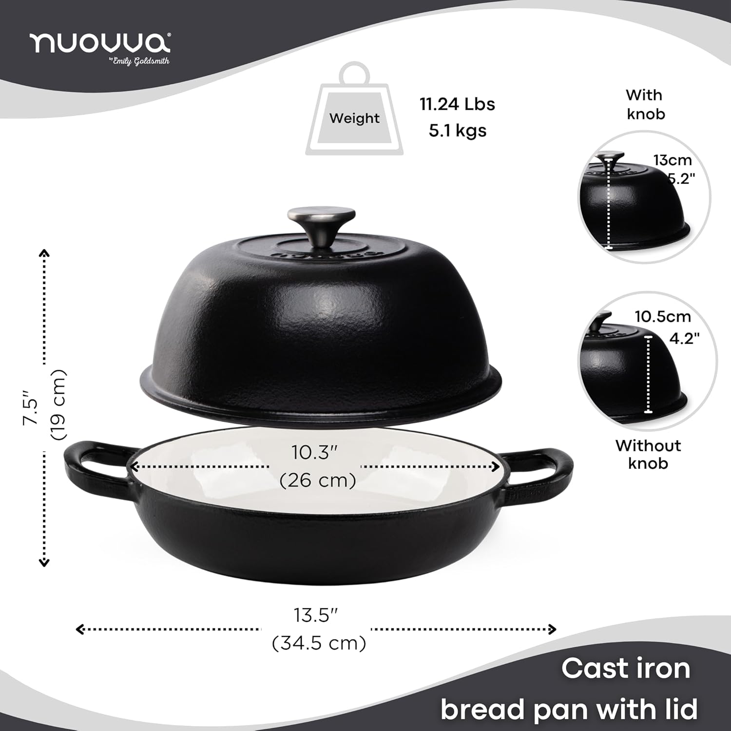 Black Enamelled Cast Iron Dutch Oven Bread Pot - 5.6 Lite - 26cm, by Nuovva