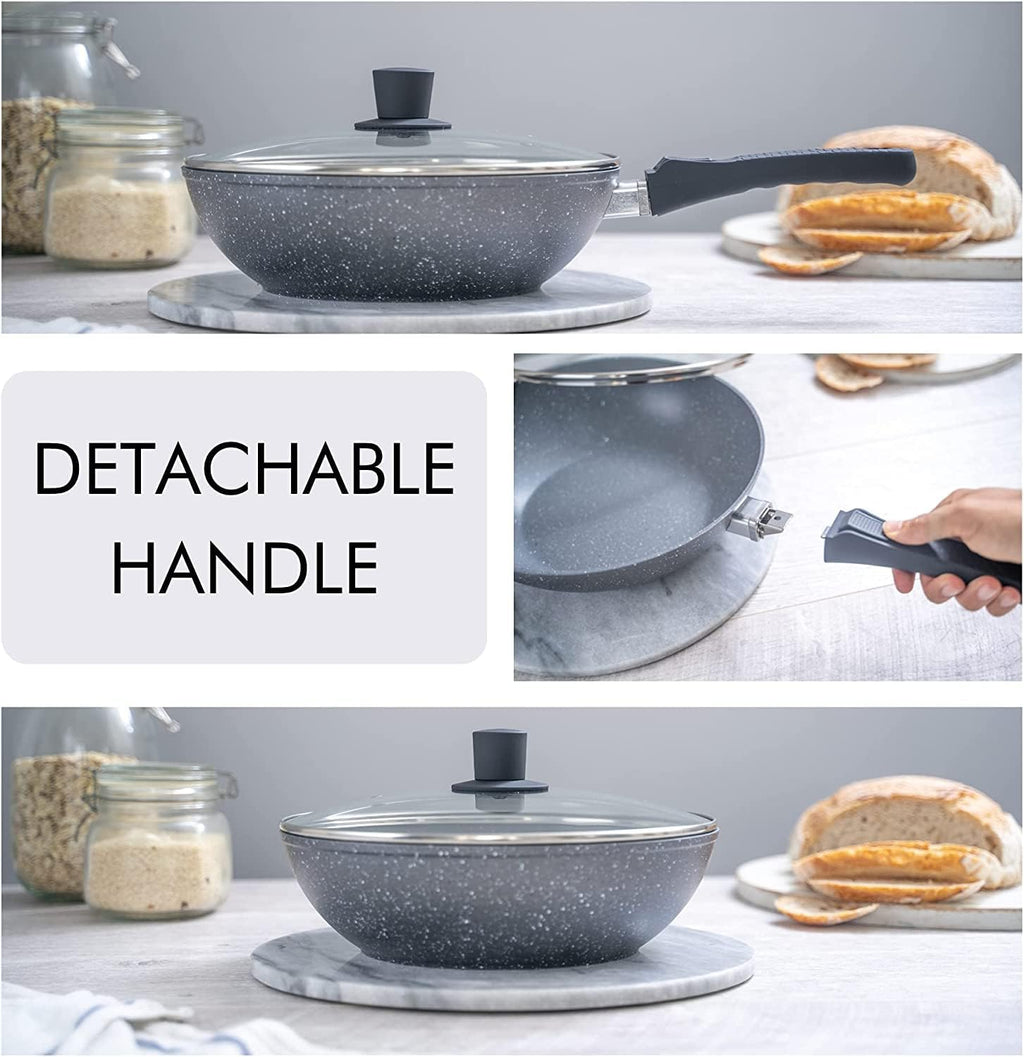 Induction Wok Pan with Glass Lid & Removable Handle (28cm), by Nuovva