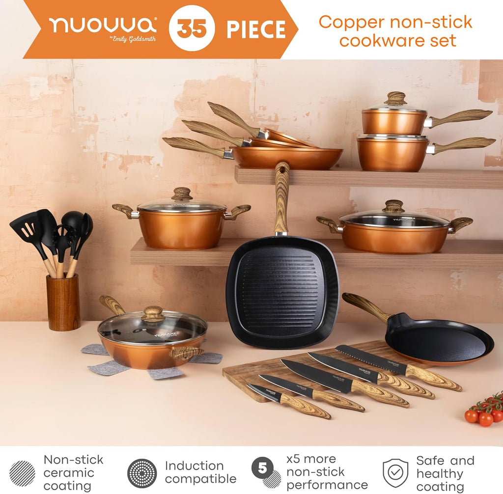 Kitchen Cookware Set of 5, 8, 15 & 35pcs with Lids - Multiple Colours