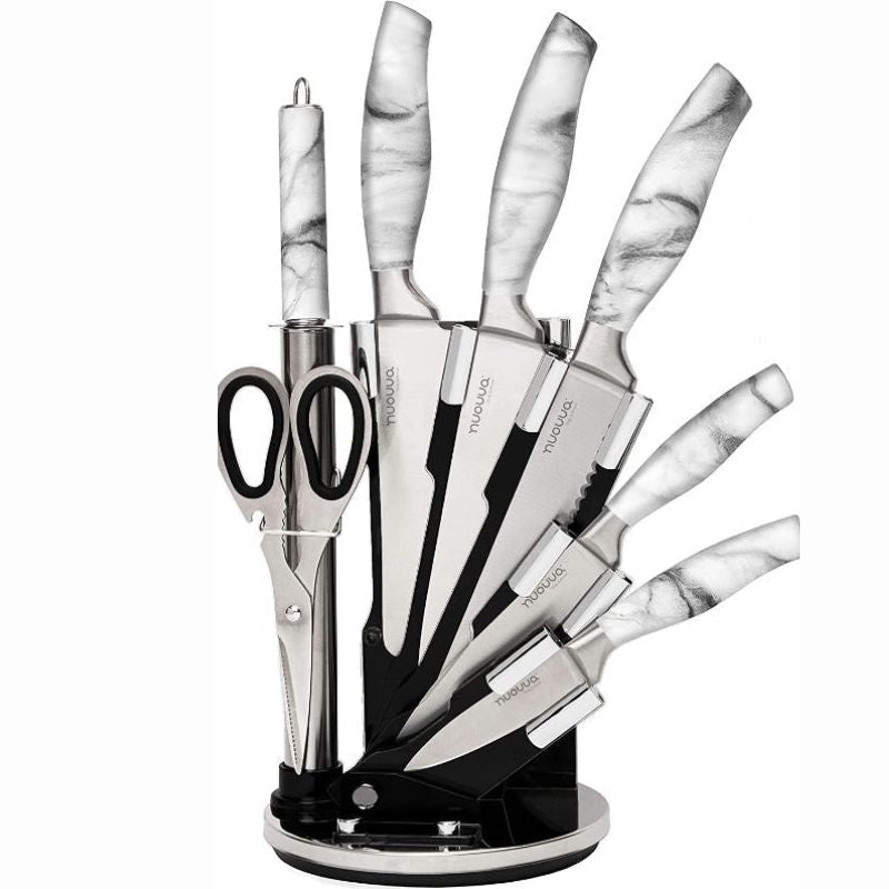 Calcutta Marble Design Kitchen Knife Set with Rotating Block - 7-Piece Set, by Nuovva