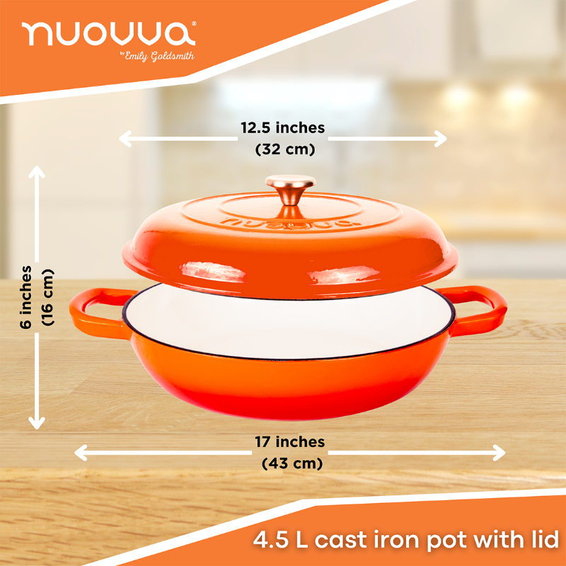 Shallow Cast Iron Casserole Dish with Lid - 32cm - 3.5L (Multiple Colours), by Nuovva