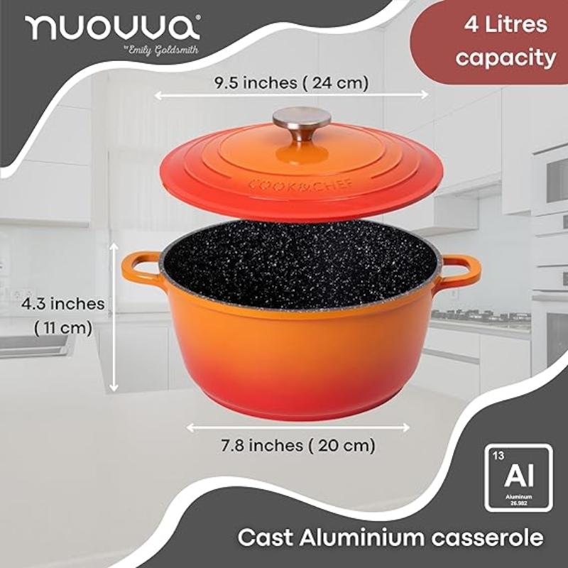 Aluminium Casserole Pot with Lid - 4L - 24cm, (Multiple Colours) by Nuovva